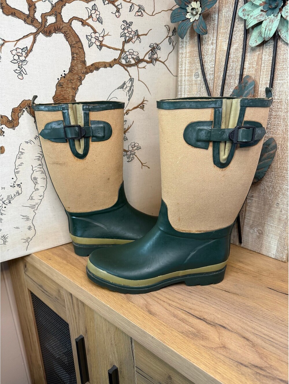 Women's Size 8 Green Tan Tall Rain Boots Canvas Rubber